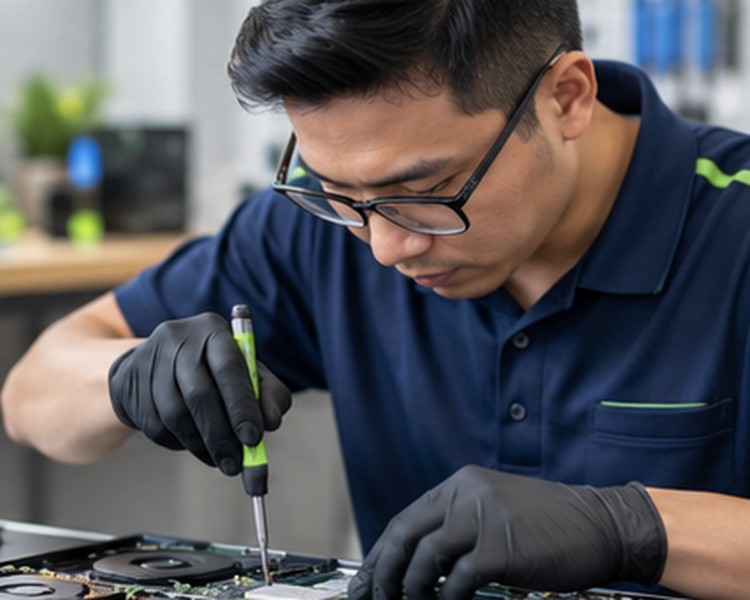 IT technician repairing a laptop